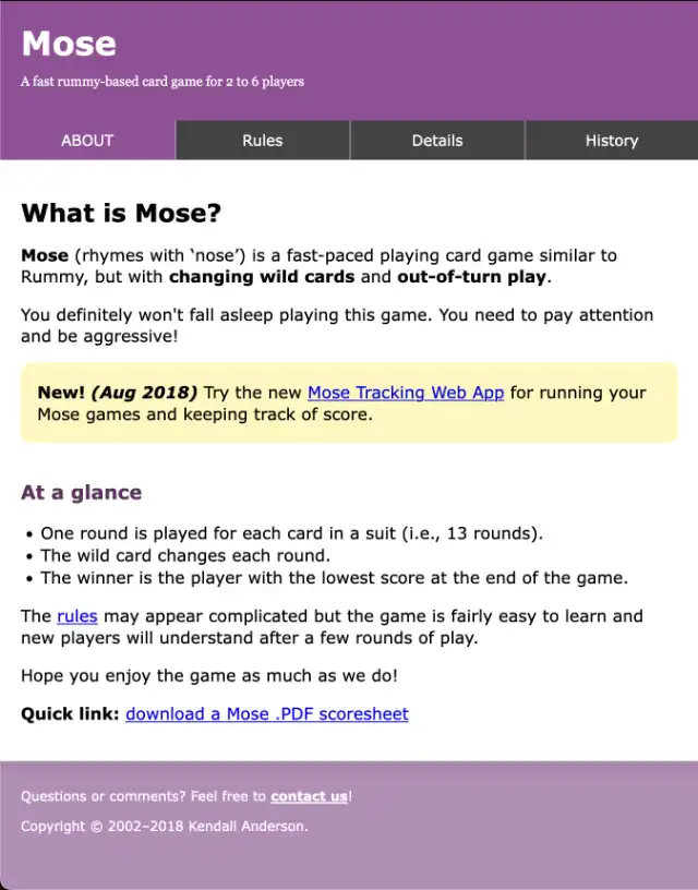 Mose Playing Card Game website screenshot