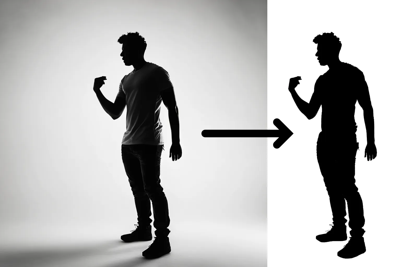 On the left, the original silhouette image generated by Stable Diffusion with a shadow and background shading. On the right, the cleaned up black & white silhouette image mask.