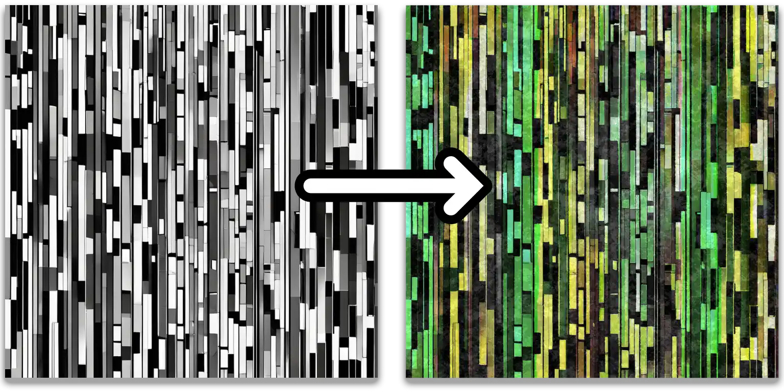 On the left, the original silhouette image generated by Stable Diffusion. On the right, the altered image after tweaking for colour, linework, texture, etc.